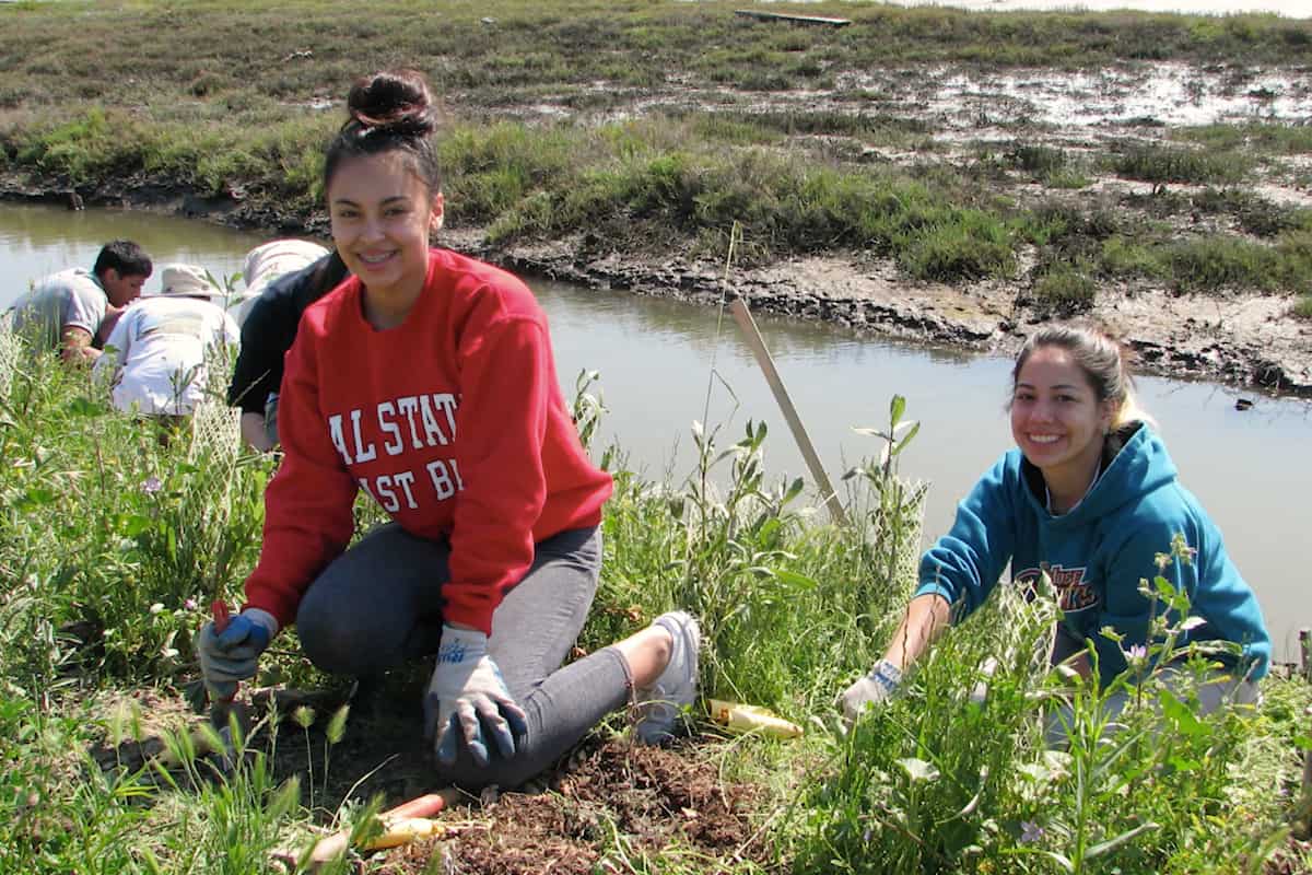 Young girls helping with wetland conservatoin